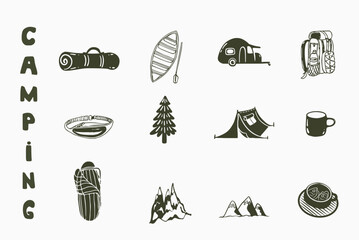 Outdoor camping life accessories and forest elements set for travel blog graphics