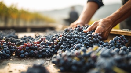 Close-up of Hands Sorting Grape Clusters on Outdoor Table in Vineyard