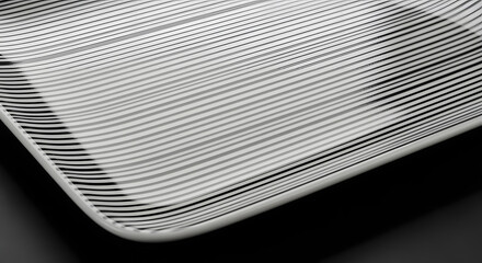 Close-up of a sleek, white, rectangular object with curved edges. Fine parallel lines cover the surface, creating a visual texture. A study in contrasts and minimalism
