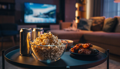 Cozy evening at home with snacks and entertainment on TV