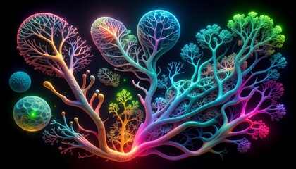 Intricate organic structures branch and glow brightly with vibrant neon rainbow colors, digitally illustrated on black.