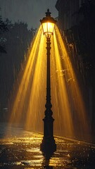 Illuminated Victorian Style Street Lamp with Golden Light Streaks on Rainy Night