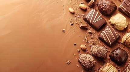 Luxurious Assortment of Gourmet Chocolates with Cocoa Powder on a Smooth Chocolate Background