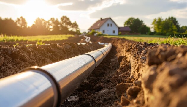 A large metal pipeline is being installed in a deep trench across a golden rural field toward a distant house, captured at sunset.
