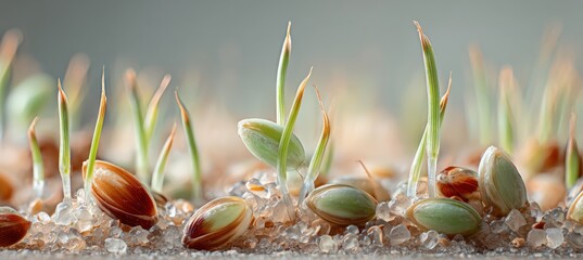 Macro Close-Up of Barley Grains Sprouting with Tiny Green Shoots Emerging