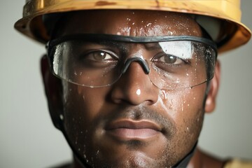 Close-Up of Worker in Safety Gear with Water Drops
