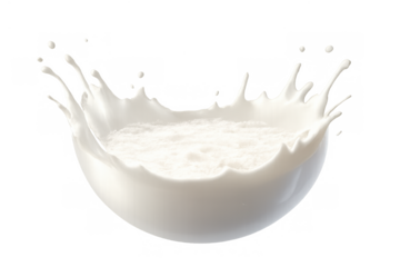 Milk splashing crown creating dynamic liquid motion, fresh dairy pouring movement, beverage drops, transparent background