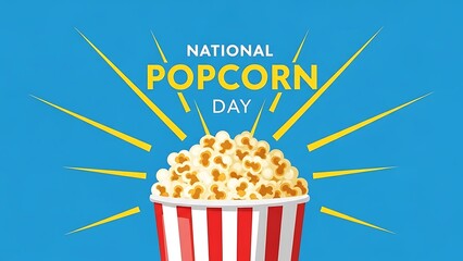 Celebrate national popcorn day with this vibrant graphic illustration featuring a classic red and white striped bucket overflowing with freshly popped, fluffy kernels against a bright blue background 