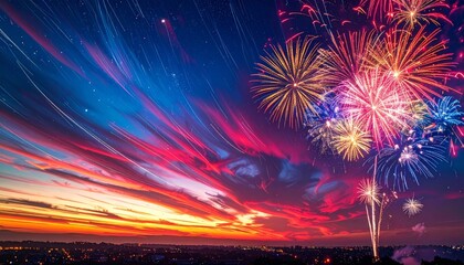 Vibrant Fireworks Display against a Starry Night Sky at Sunset