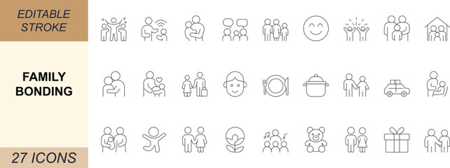 Family Bonding vector icon set with designs of parents, children, love, care, celebration, travel, and togetherness. Perfect for apps, web, lifestyle, and UI projects. Editable stroke. 