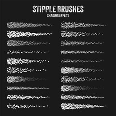 Ink scatter brush, stipple drawing and texturing. Fading gradient. Stippling, dotwork drawing, shading using dots. Halftone disintegration effect. White noise grainy texture. Vector illustration.