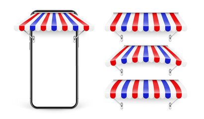 Plakat Shop sunshade. Realistic striped cafe awning. Outdoor market tent. Roof canopy. Summer street store. Vector illustration.