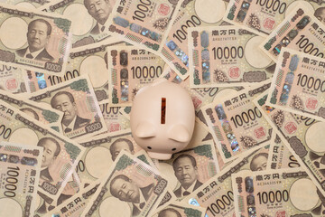 敷き詰められた多数の一万円札と豚の貯金箱
