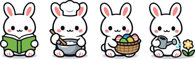 set of Easter white rabbits doing various household chores, for stickers, holiday printing or other thematic designs