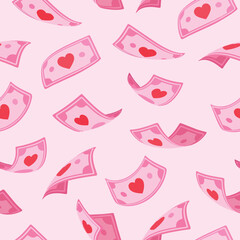 pattern with paper pink banknotes for Valentine's Day with red hearts in different perspectives, for stickers, printing or other thematic designs