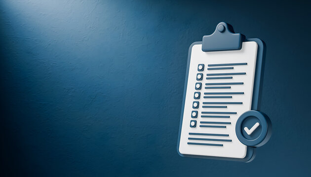 3D Checklist Clipboard with Checkmark Badge on Blue Background Compliance Approval Concept