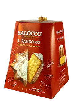 Balocco Il Pandoro, a traditional Italian Christmas cake. UNESCO recognized Italian cuisine as an Intangible Cultural Heritage of Humanity, illustrative editorial