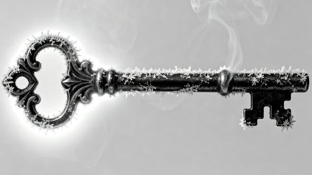 Antique key lies horizontally with frosty crystallized edges and trailing smoke on a minimalist gray background and ample empty space for text and design, evoking a moody vintage concept suitable for 