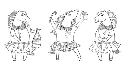 Set with outline cute horses and New Year symbols in black isolated on white background.