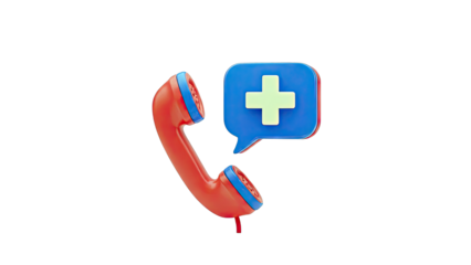 3D Icon: Red Handset with Medical Cross Chat Bubble