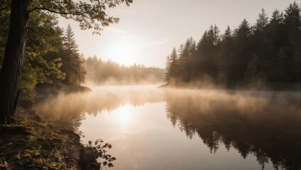 Misty Morning Serenity - A Tranquil Lake Scene in Nature.