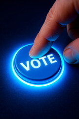 A finger pressing a glowing blue vote button