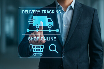 A businessman interacting with a digital delivery tracking interface for online shopping