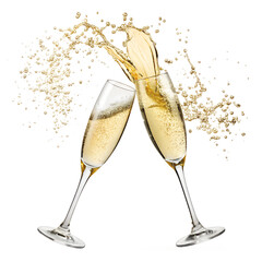 Celebratory Champagne Flutes Clinking Together isolated on transparent background