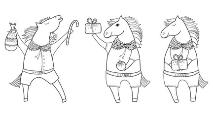Set with outline cute horses and New Year symbols in black isolated on white background.