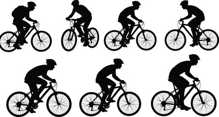 Fototapeta premium Cyclist silhouettes riding bicycles in various positions, bike rider action poses set, outdoor cycling sport icons isolated on white background