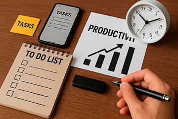 A hand holding a pen with a to-do list and productivity chart on a desk