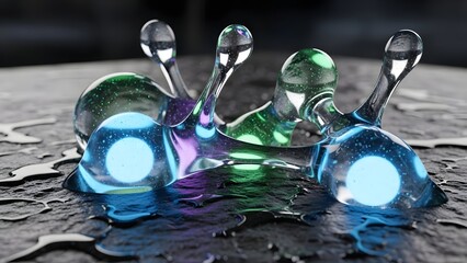 Colorful Glowing Glass Molecules on Dark Surface Artistic Scientific Illustration