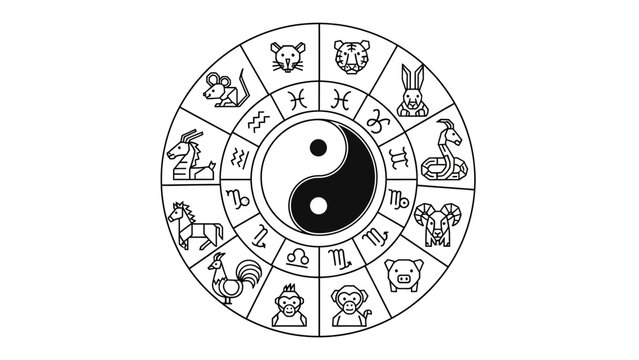 Chinese zodiac wheel with yin yang.