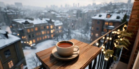 Fototapeta premium cozy winter balcony concept. Cozy winter scene with a cup of tea on a snowy balcony.