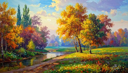 Vibrant Autumn Landscape Painting with a Serene River and Golden Sunlight.