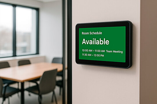 A digital room schedule display showing availability in a modern office meeting room