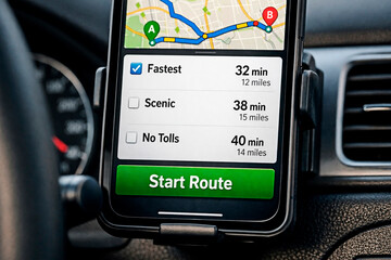 A smartphone displaying a GPS navigation app in a car