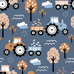 Perfect for textile, wallpaper or nursery print design. Seamless vector pattern with hand drawn cute tractors. 