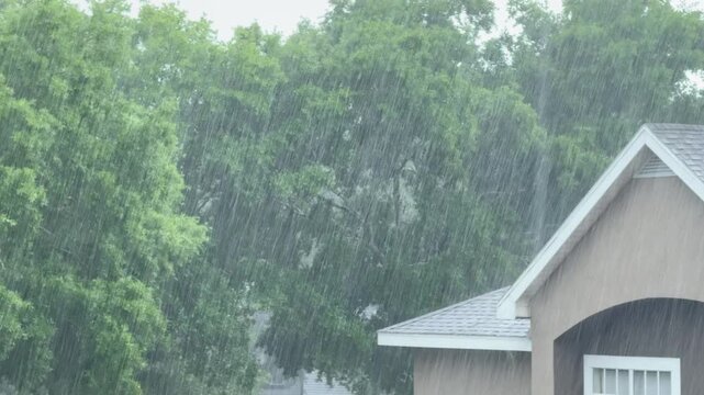Strong rainfall pours over a residential neighborhood with trees and a house in view. The heavy storm creates a dramatic weather scene in the suburbs.