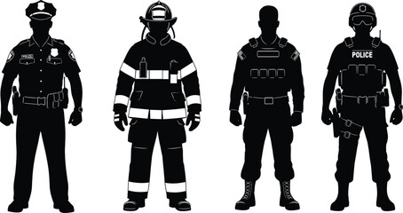 Emergency service silhouettes of police firefighter soldier tactical officer uniforms isolated vector set for security law enforcement protection concepts design © MdNurIslam