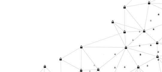 Secure digital network concept with interconnected nodes and padlock symbols