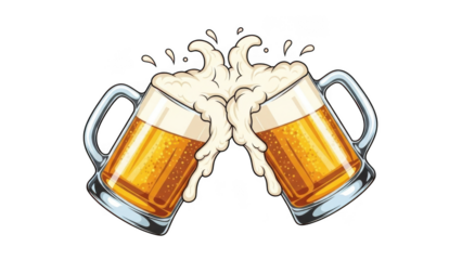 Cartoon Beer Mugs Clinking With Splashing Foam Isolated on Transparent Background