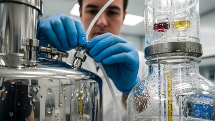 Scientist Working in Laboratory with Glass Equipment and Blue Gloves Demonstrating Scientific Process