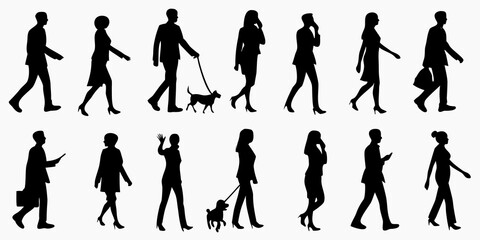 Obraz premium Silhouettes of people walking including individuals with dogs and carrying bags