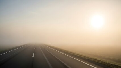 A serene highway stretches into the foggy distance, illuminated by the rising sun, creating a mesmerizing scene.