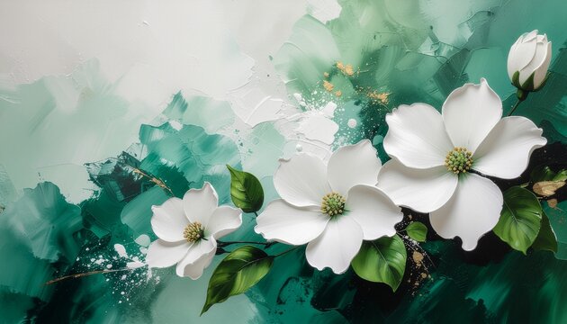 Elegant white flowers blooming in a textured digital painting style over a vibrant emerald green abstract wash. - Powered by Adobe