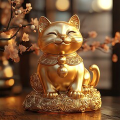 Golden cat statue symbolizing good fortune.