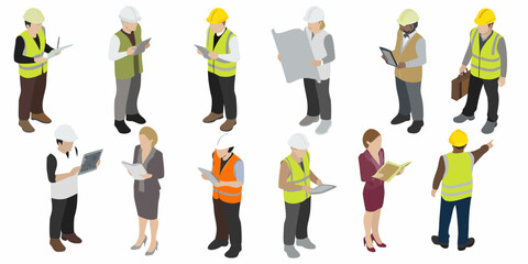 Isometric construction workers engineers and business people in various poses