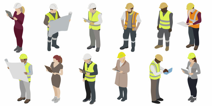 Isometric illustration of diverse construction workers and professionals in various roles