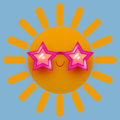 Cute smiling sun wearing pink star sunglasses on blue background